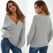 Load image into Gallery viewer, Grey Cable Knit Crossed Front Design V-Neck Long Sleeves Sweater