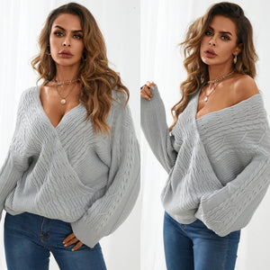 Grey Cable Knit Crossed Front Design V-Neck Long Sleeves Sweater