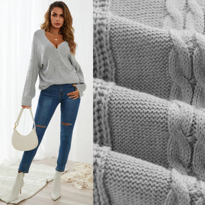 Grey Cable Knit Crossed Front Design V-Neck Long Sleeves Sweater