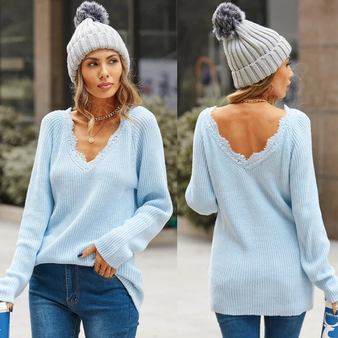 V-Neck Lace Trim Long Sleeves Casual Sweater (Multiple)