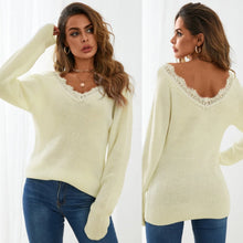 Load image into Gallery viewer, V-Neck Lace Trim Long Sleeves Casual Sweater (Multiple)