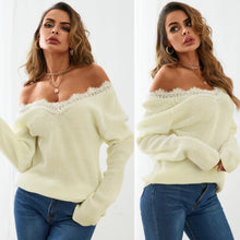 Load image into Gallery viewer, V-Neck Lace Trim Long Sleeves Casual Sweater (Multiple)