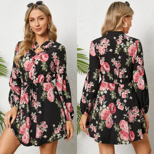 Floral Print Front Button Crew Neck Long Sleeves Tie-up Mini Dress (Multiple)