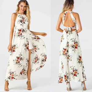 Side Split Back Lace-up Floral Print Halter Neck High Waist Maxi Dress (Multiple)