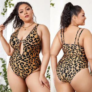 Plus size Khaki Leopard Print Backless Design Criss-cross One-piece Swimsuit