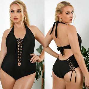 Plus size Black Halter Backless Design Lace-up One-piece Swimsuit