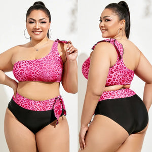 Plus size Rose One Shoulder Leopard Print Tie-up Design Bikini Set