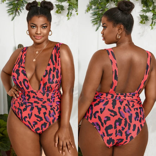 Plus size Coral Red Leopard Print Pleated Deep V-Neck Backless Design One-piece Swimsuit