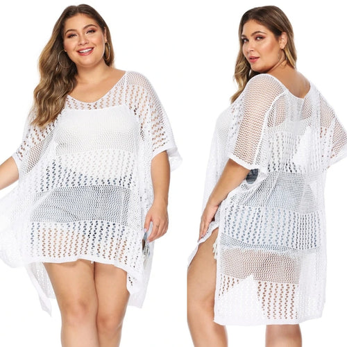 Plus Size Hollow Design Half Sleeves Round Neck Beach Cover-up (Multiple)
