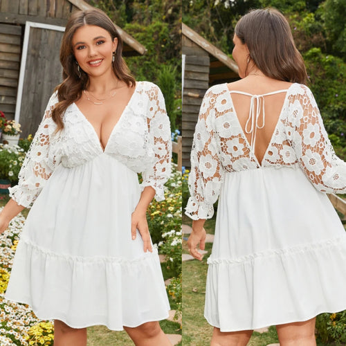 Plus Size White Deep V-Neck Backless Tie-up Patchwork Lettuce-edge 3/4 Sleeves Mini Party Dress