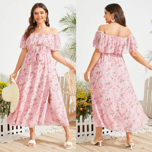 Plus Size Pink Floral Design Belt Tie-up Off the Shoulder Slit Hem Overlay Maxi Dress