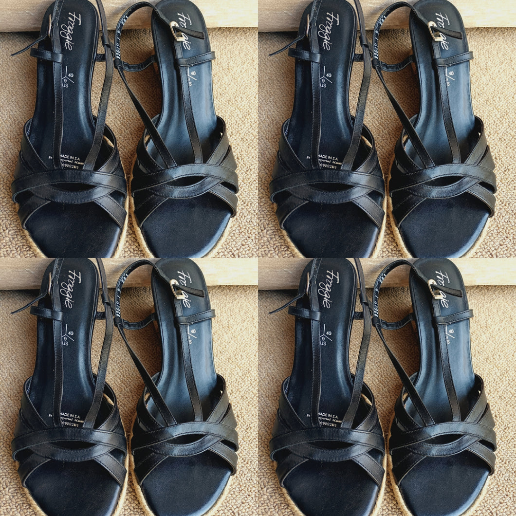Black Leather Wedge Sandals