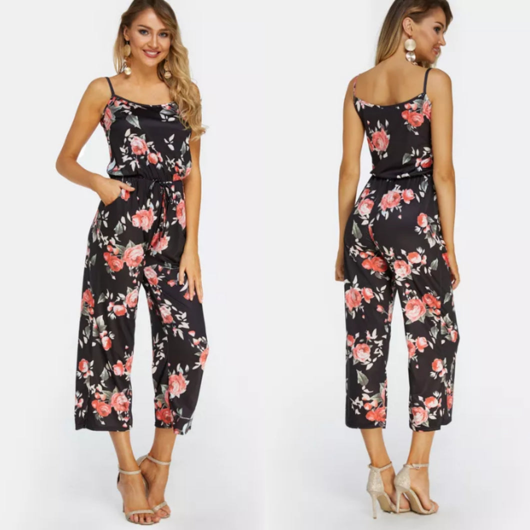 Black Floral Drawstring Jumpsuit