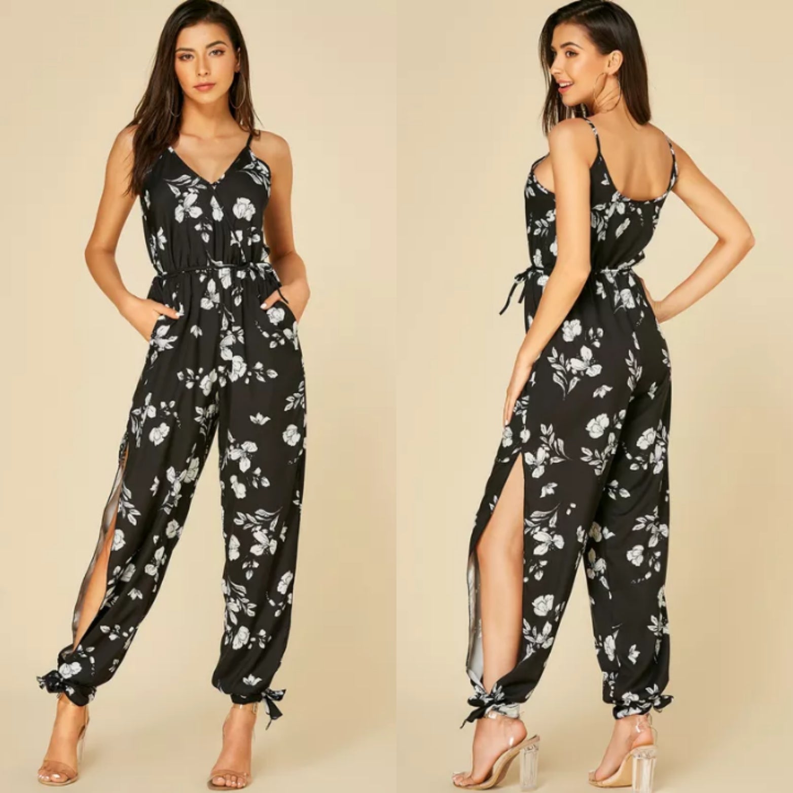 Black Lace up Floral V-Neck Spaghetti Strap Jumpsuit