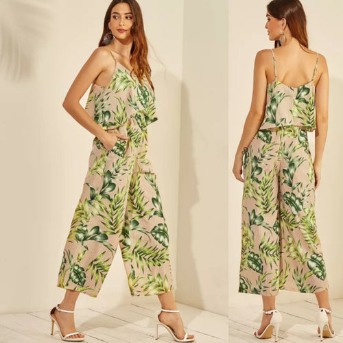 Green Leaf Print Spaghetti Strap V-Neck Jumpsuit