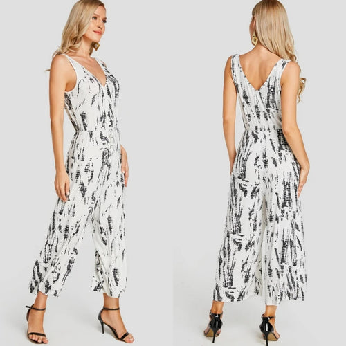 White Backless Design Tie-dye Loose Waist Jumpsuit