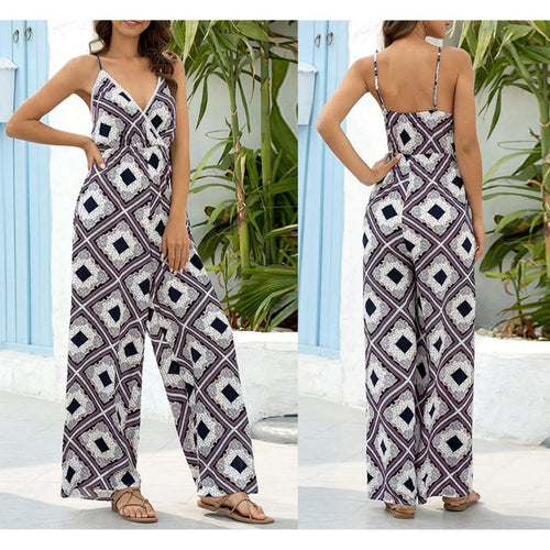 Navy Backless Design Tribal Jumpsuit