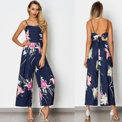 Navy Self-tie Floral Print Jumpsuit