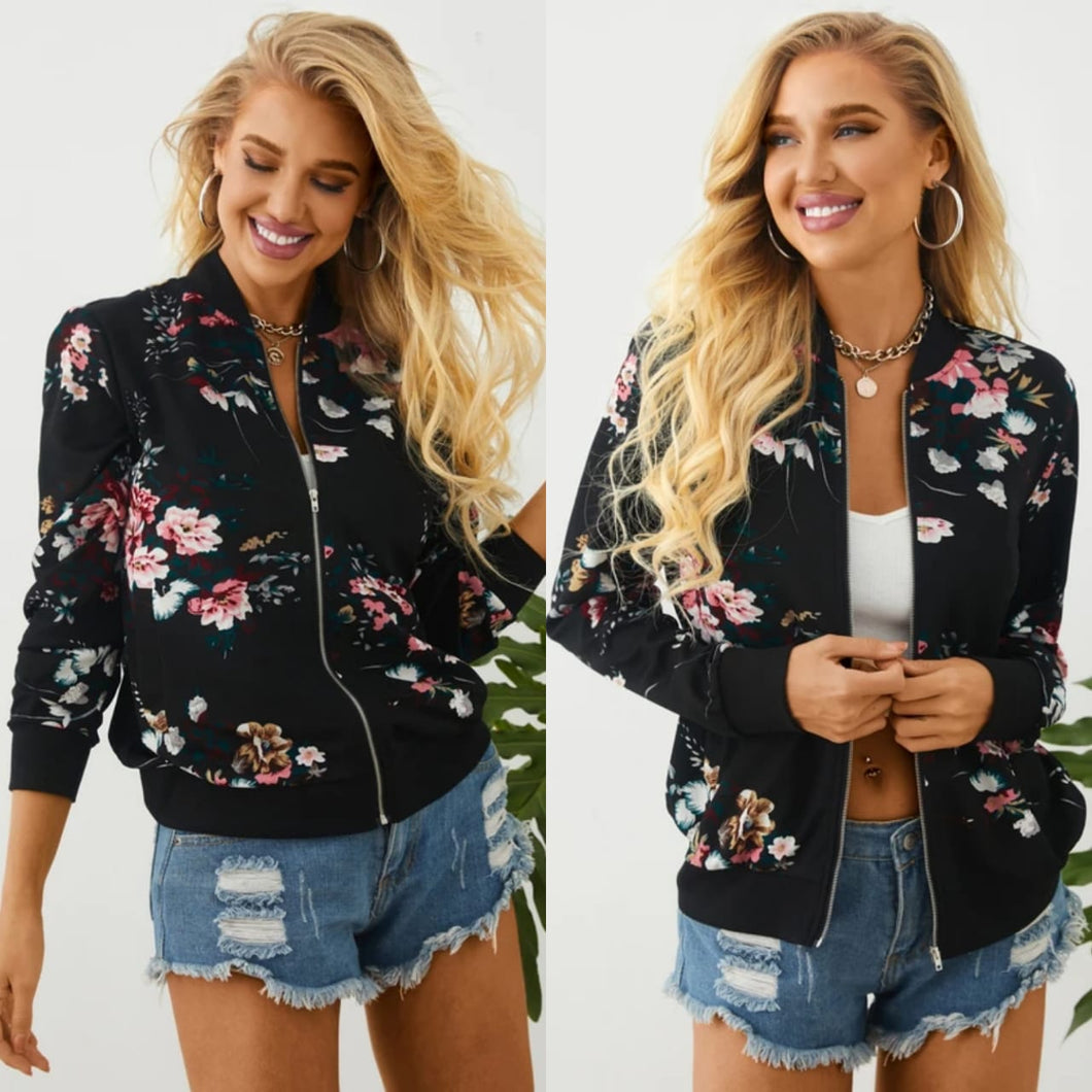 Floral Black Collar Jacket with Side Pockets