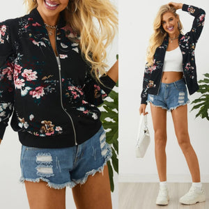 Floral Black Collar Jacket with Side Pockets