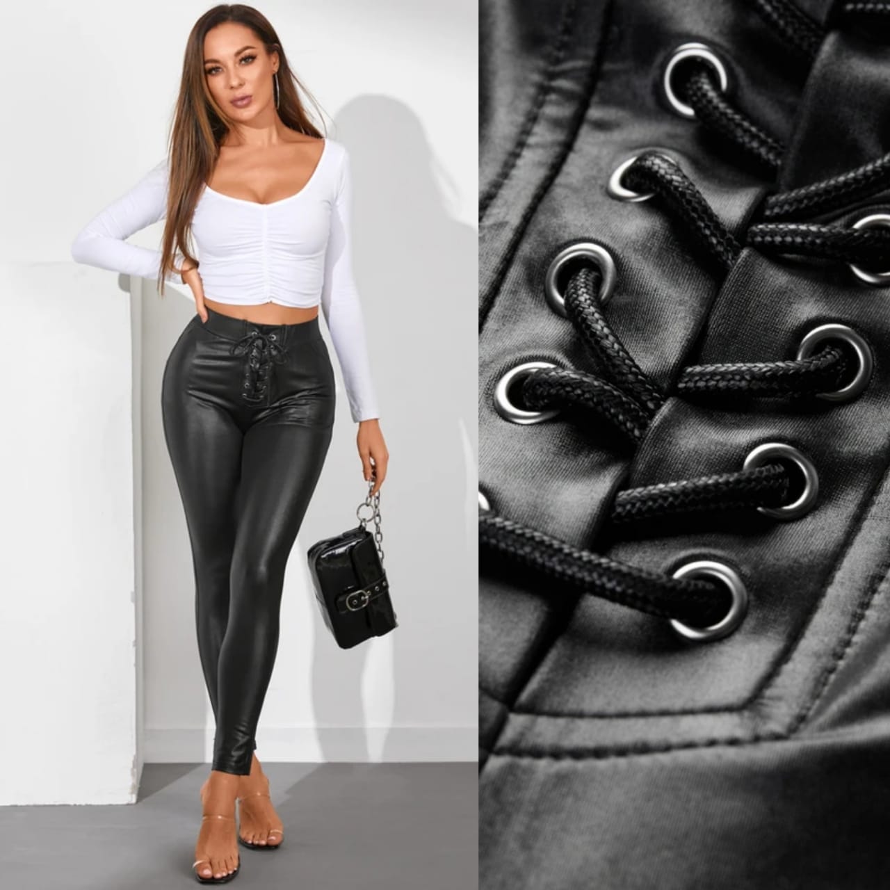 Black Lace-up Design High Waisted Leggings
