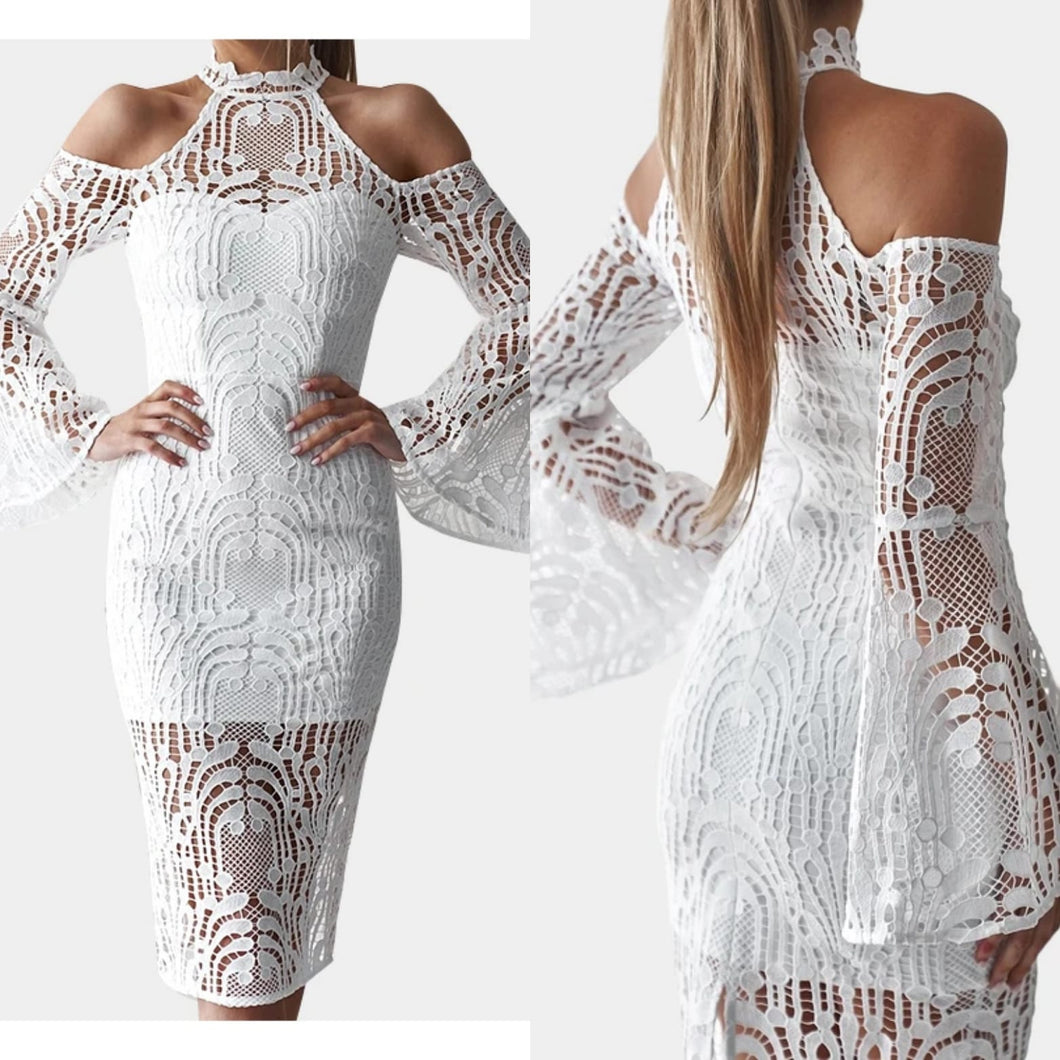 White Lace Details Hollow Design Halter Neck Long Sleeves Dress