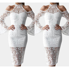 Load image into Gallery viewer, White Lace Details Hollow Design Halter Neck Long Sleeves Dress