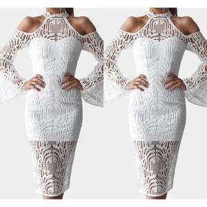 White Lace Details Hollow Design Halter Neck Long Sleeves Dress