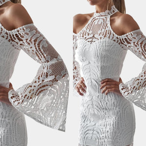 White Lace Details Hollow Design Halter Neck Long Sleeves Dress