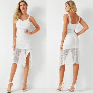 White Lace Backless Ruffle Trim Slit Round Neck Midi Dress