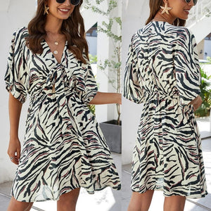 Bowknot Zebra Stripe V-Neck Stretch Waistband Semi-Sheer Dress (Multiple)