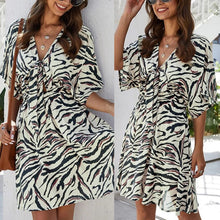 Load image into Gallery viewer, Bowknot Zebra Stripe V-Neck Stretch Waistband Semi-Sheer Dress (Multiple)