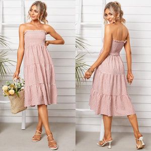 Tube Top Plaid Shirring Tiered Design Midi Dress (Multiple)