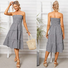 Load image into Gallery viewer, Tube Top Plaid Shirring Tiered Design Midi Dress (Multiple)