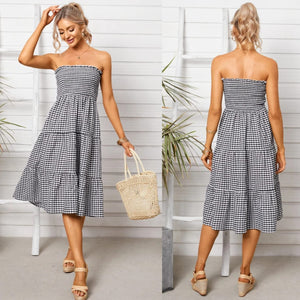 Tube Top Plaid Shirring Tiered Design Midi Dress (Multiple)