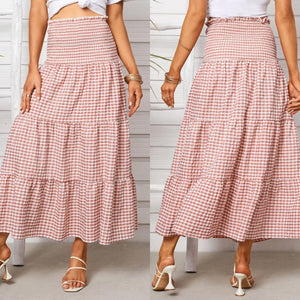 Tube Top Plaid Shirring Tiered Design Midi Dress (Multiple)