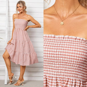 Tube Top Plaid Shirring Tiered Design Midi Dress (Multiple)