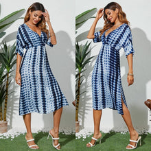 Load image into Gallery viewer, Blue V-Neck Striped Wrap Design Half Sleeves Midi Dress