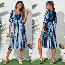 Load image into Gallery viewer, Blue V-Neck Striped Wrap Design Half Sleeves Midi Dress