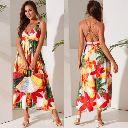 Red Backless Tropical Criss-cross High Slit Maxi Dress