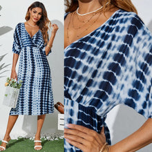 Load image into Gallery viewer, Blue V-Neck Striped Wrap Design Half Sleeves Midi Dress