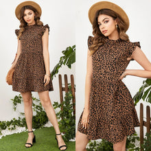 Load image into Gallery viewer, Brown Mock Neck Leopard Print Ruffle Hem Trim Mini Dress