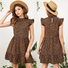 Load image into Gallery viewer, Brown Mock Neck Leopard Print Ruffle Hem Trim Mini Dress