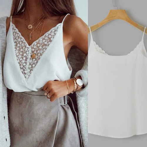 White Spaghetti Strap Lace Insert V-Neck Cami