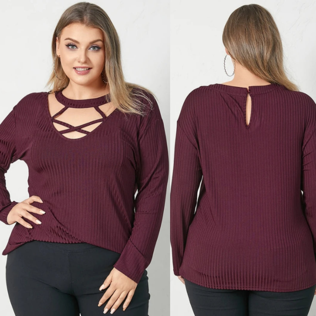 Claret Plus Size Crew Neck Criss-Cross Long Sleeves Knitwear