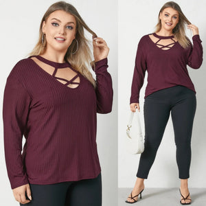 Claret Plus Size Crew Neck Criss-Cross Long Sleeves Knitwear