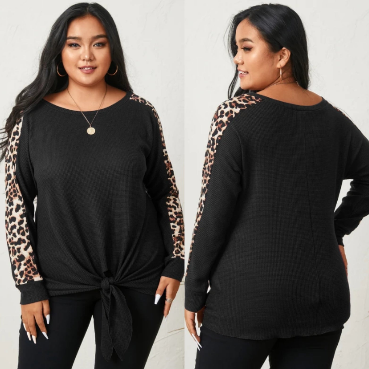 Black Plus Size Round Neck Tie-up Design Knitwear