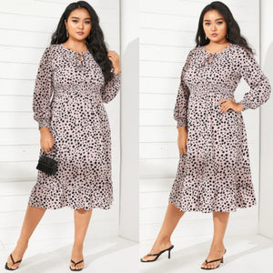 Plus Size Pink Crew Neck Polka Dot Tie-up Midi Dress