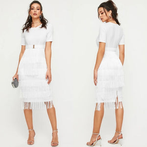 White Patchwork Belted Tassel Design Short Sleeves Midi Dress (Invisible zipper)