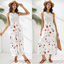 Load image into Gallery viewer, Floral Print &amp; Striped Patchwork Crew Neck Maxi Dress